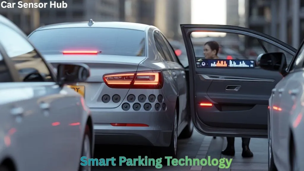 Car Parking Sensor system on rear bumper detecting obstacle while vehicle reverses into parking space