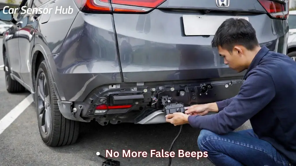 Honda Parking Sensor being installed on rear bumper showing hands-on plug-and-play connection