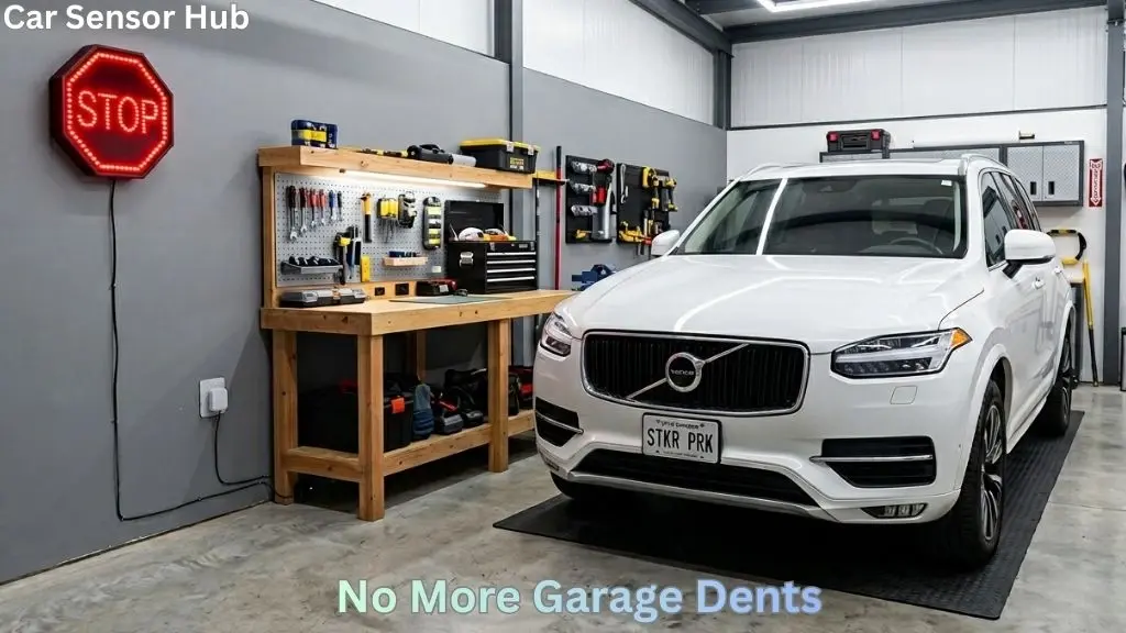A wall-mounted STKR Parking Sensor showing a red stop light as a vehicle reaches its perfectly calibrated parking spot in a home garage.