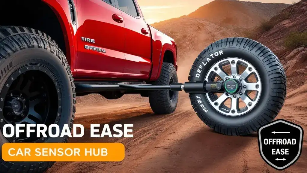 Image of an Adjustable Auto-Stop Tire Deflator deflating a tire to a preset 10-30 PSI, designed for 2005-2025 vehicles, featuring "Car Sensor Hub" branding.