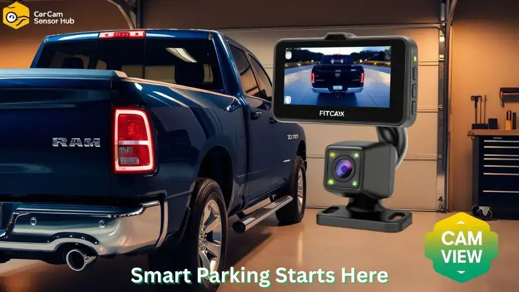 Backup camera installed on Ram 1500 tailgate showing live rearview feed