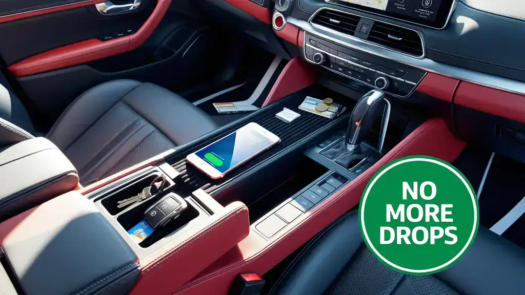 Sedan interior with a Drop Stop car seat gap filler catching a phone and coins, and a Lusso Gear caddy on the passenger side, showcasing the Best Car Seat Gap Filler for Coins and Phones.
