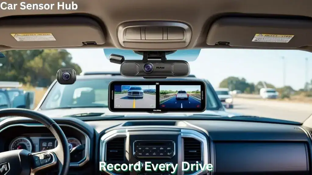 Dash cam installed in Ram 1500 recording road footage from the windshield