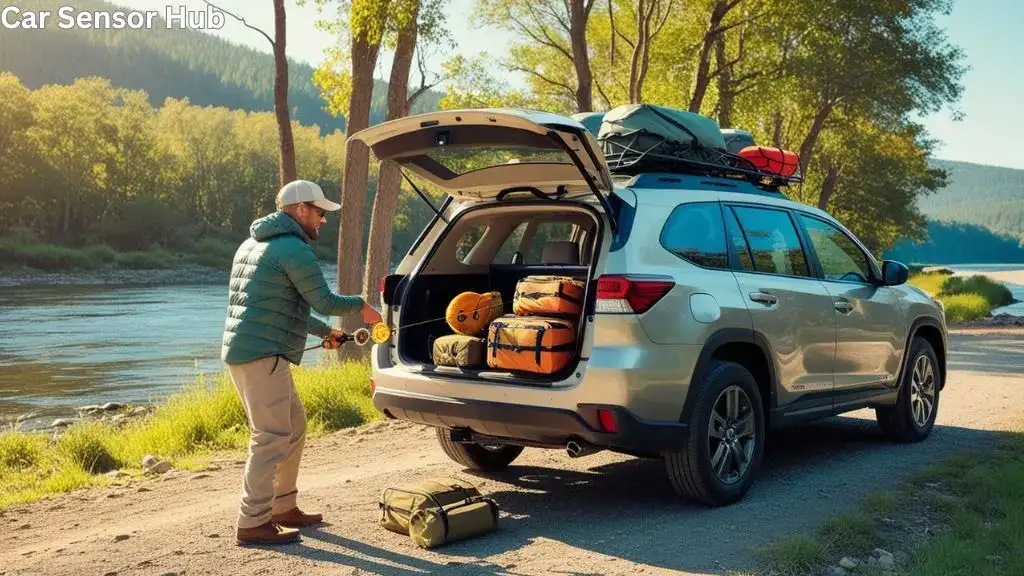 Compact fishing gear being loaded into SUV during car trip