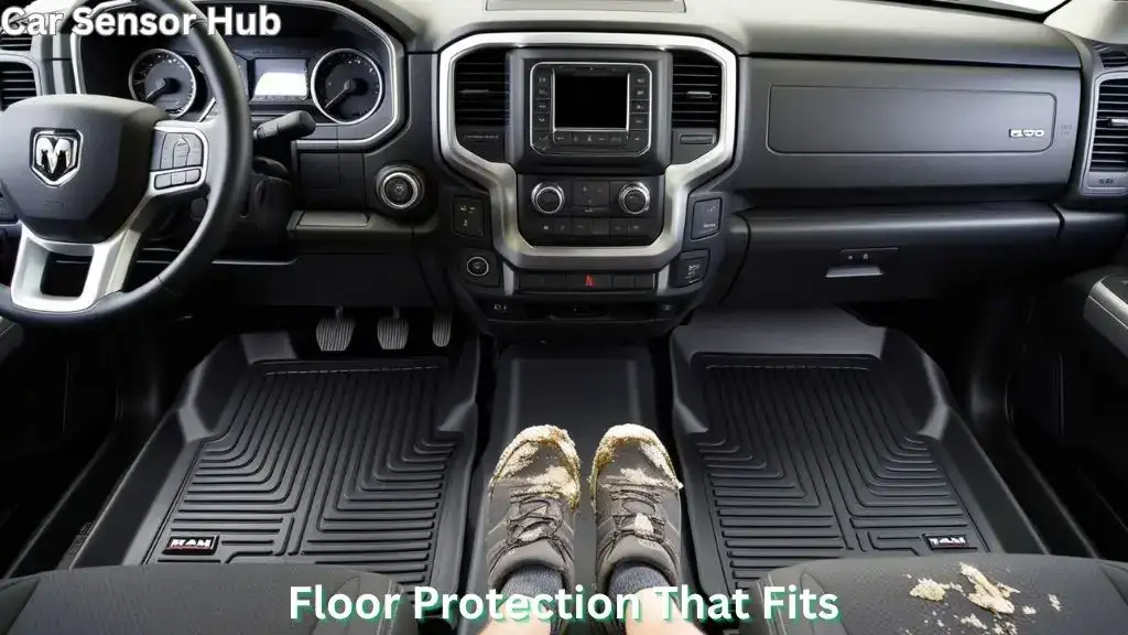 All-weather floor mats installed in Ram 1500 Crew Cab with deep grooves and raised edges