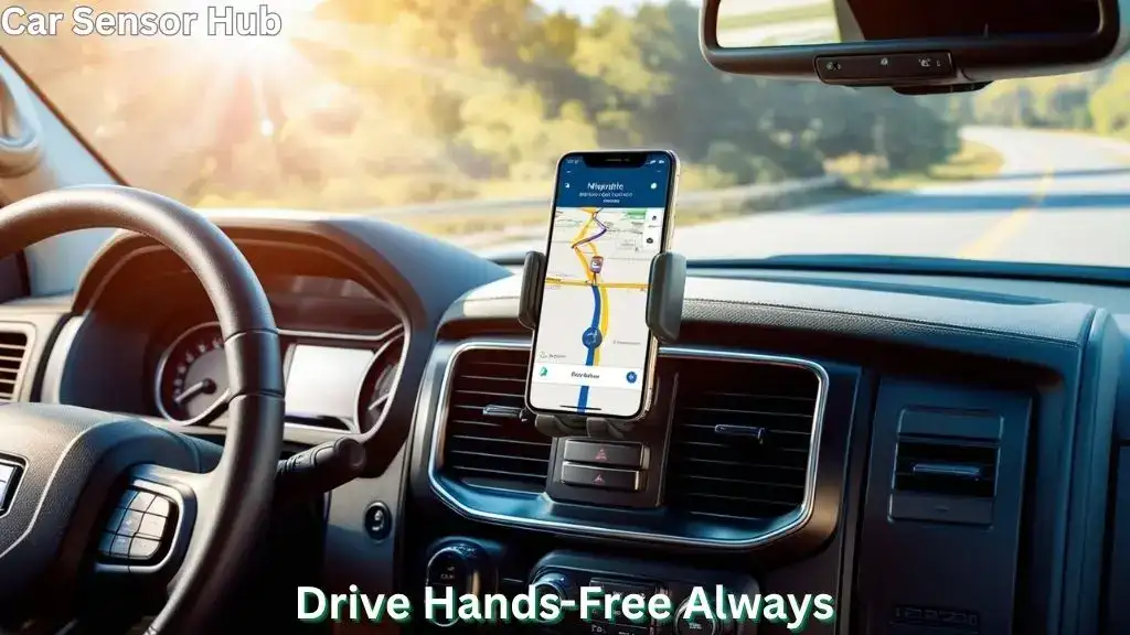 Phone mount installed in Ram 1500 dashboard holding smartphone with map navigation