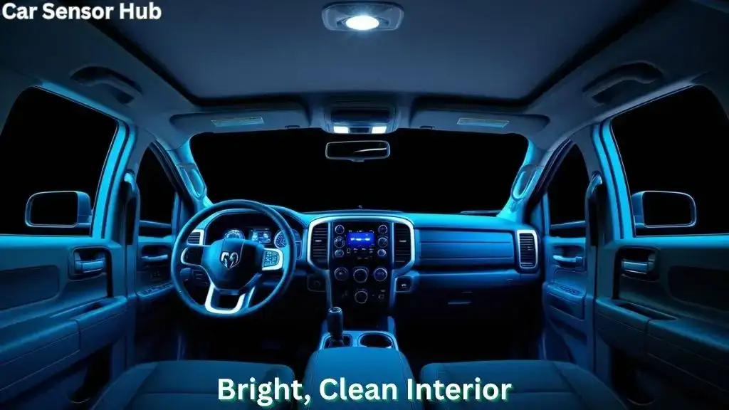 LED interior lights glowing inside a Ram 1500 truck cabin at night