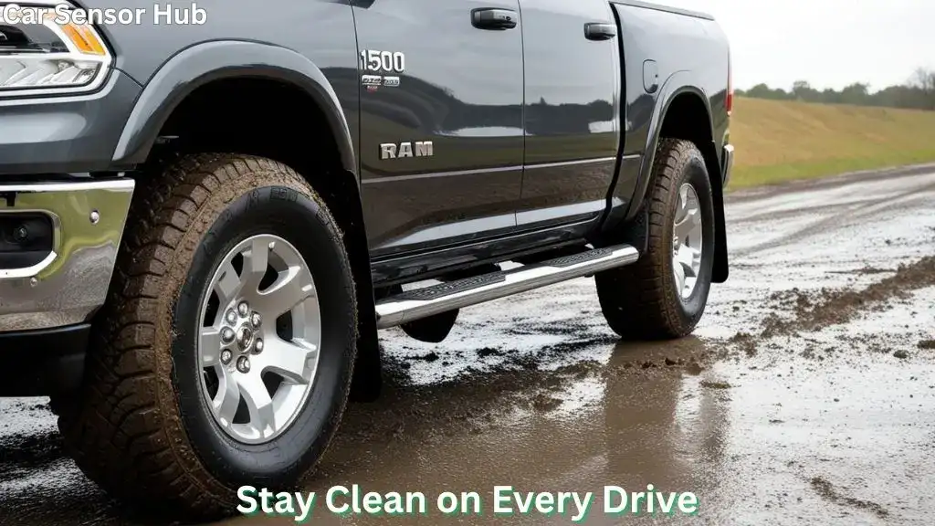 Heavy-duty mud flaps installed on Ram 1500 with clean body and muddy tires