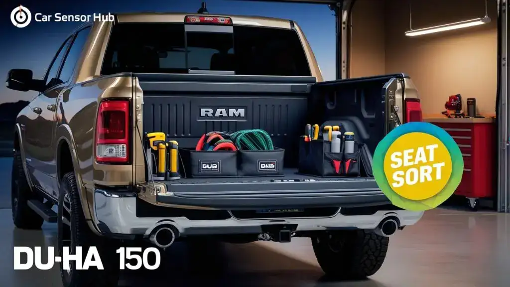 Ram 1500 in a garage with a DU-HA under-seat organizer, showcasing Best Ram 1500 Seat Organizer.