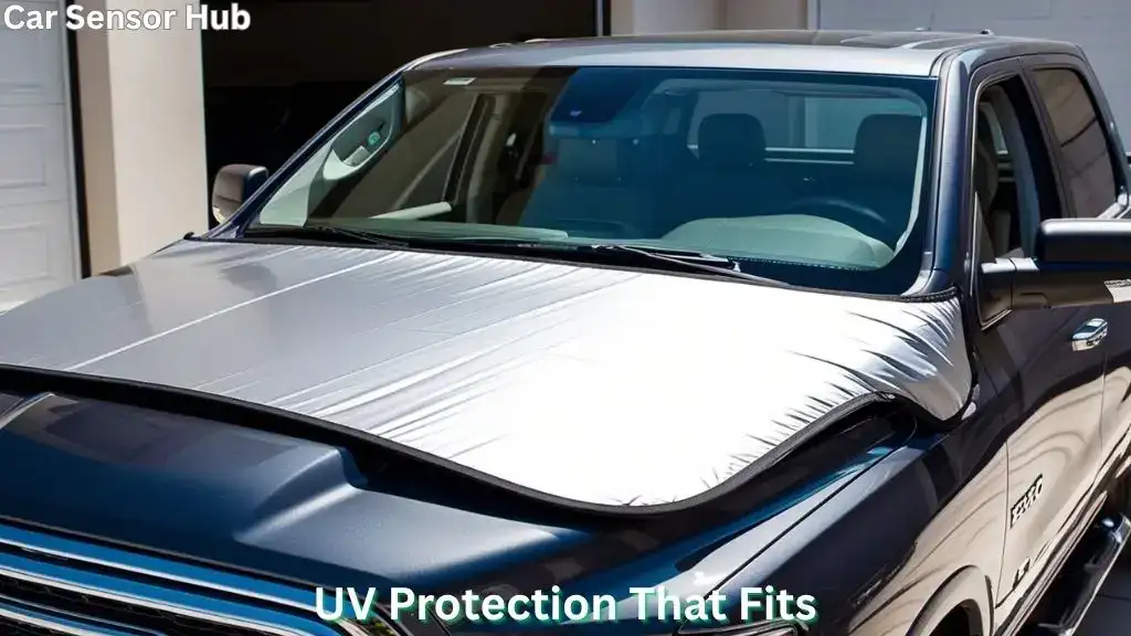 Custom-fit sunshade covering windshield of Ram 1500 to block sunlight