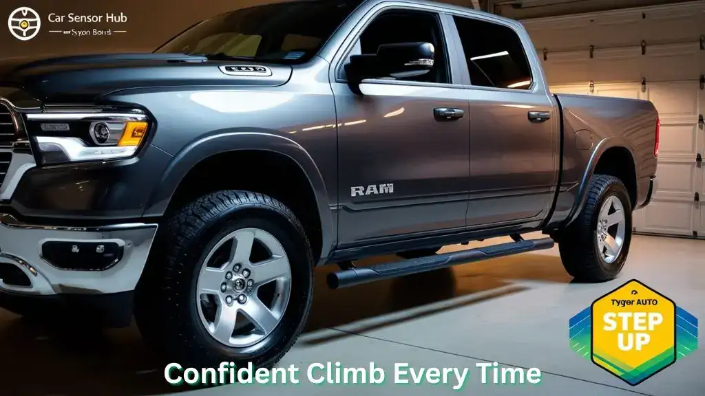 Ram 1500 Quad Cab with running boards and person stepping up for easy access