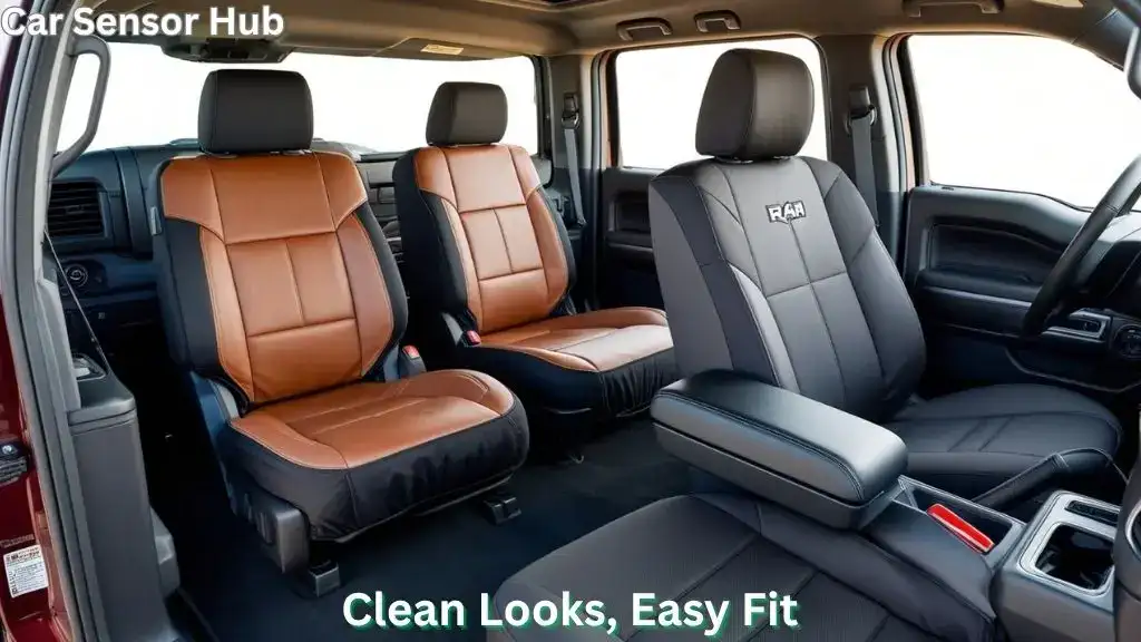 Custom-fit seat covers installed in Ram 1500 truck interior with leather and fabric options