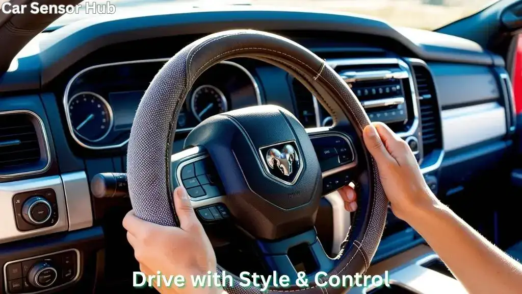 Steering wheel cover installed on Ram 1500 interior with stitched leather finish