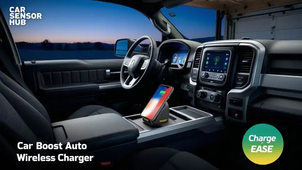 Wireless phone charger mounted in a Ram 1500 cabin behind rearview mirror