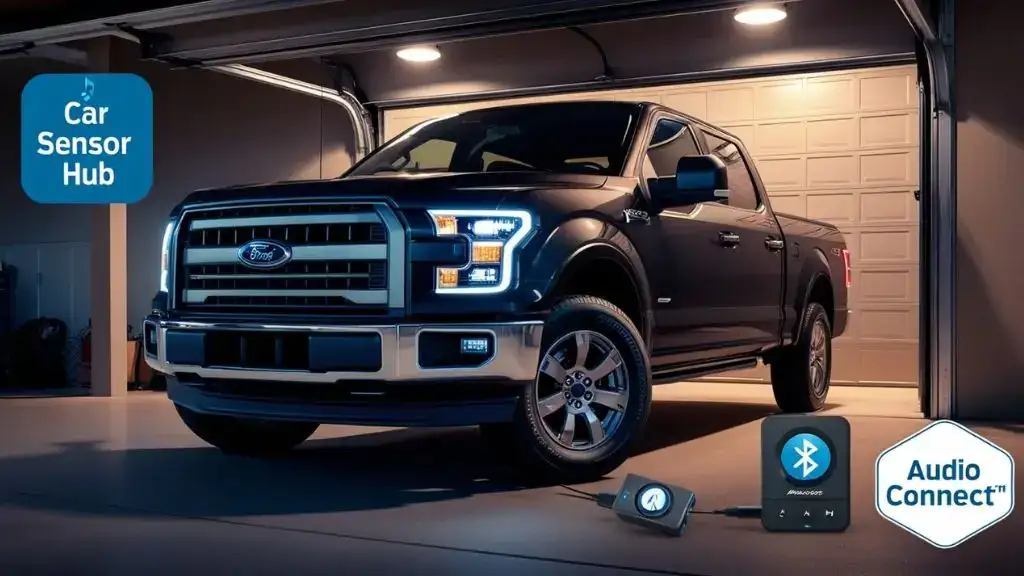 Image of a Ford F-150 with a Bluetooth adapter installed in the SYNC system, enabling hands-free calls and music streaming, displayed on the dashboard with "Car Sensor Hub" branding.