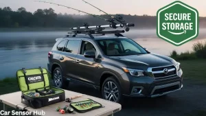 SUV at a riverside campsite with a Yakima rooftop rod carrier holding fishing rods and a Calcutta Outdoors tackle bag on a camp table, showcasing Car Camping Fishing Gear.