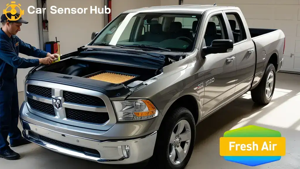 Ram 1500 in a garage with a technician installing a new cabin air filter, showcasing How to Change Cabin Air Filter Ram 1500.