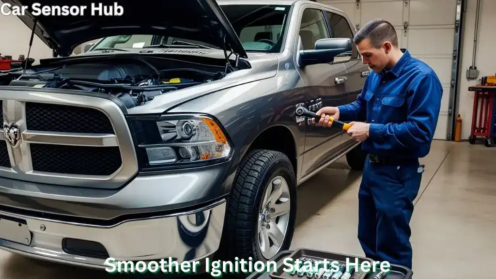 Mechanic replacing spark plugs on Ram 1500 with engine bay open