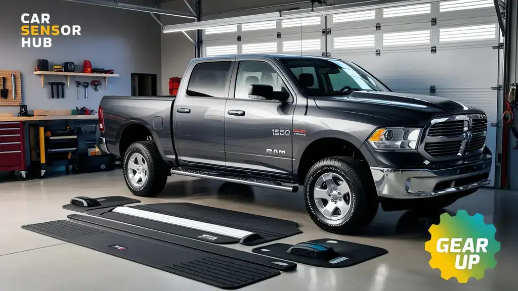 Ram 1500 in a garage surrounded by accessories like a tonneau cover and running boards, showcasing How to Choose Ram 1500 Accessories.