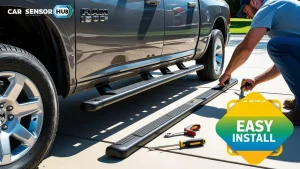 Ram 1500 in a driveway with a technician installing Ionic running boards, showcasing How to Install Running Boards on Ram 1500.