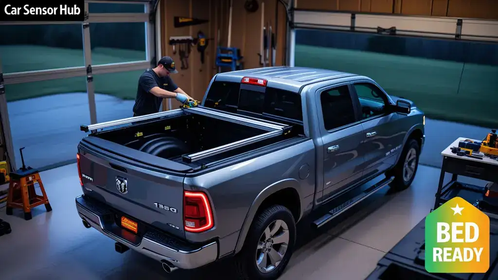 Man installing tonneau cover on Ram 1500 truck bed