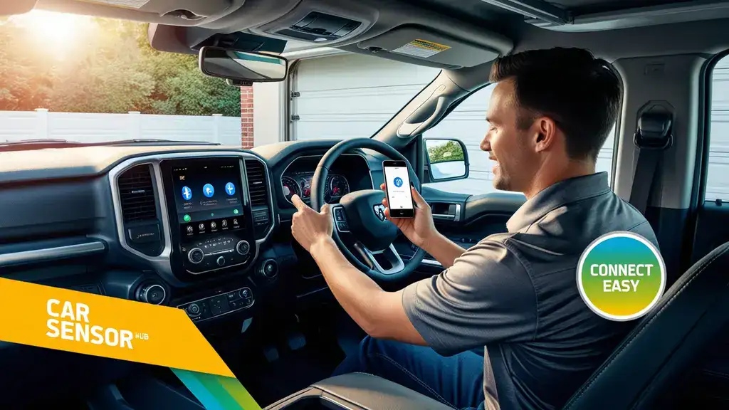 Ram 1500 in a garage with a driver pairing a smartphone via Uconnect, showcasing How to Pair Phone with Ram 1500 Uconnect.