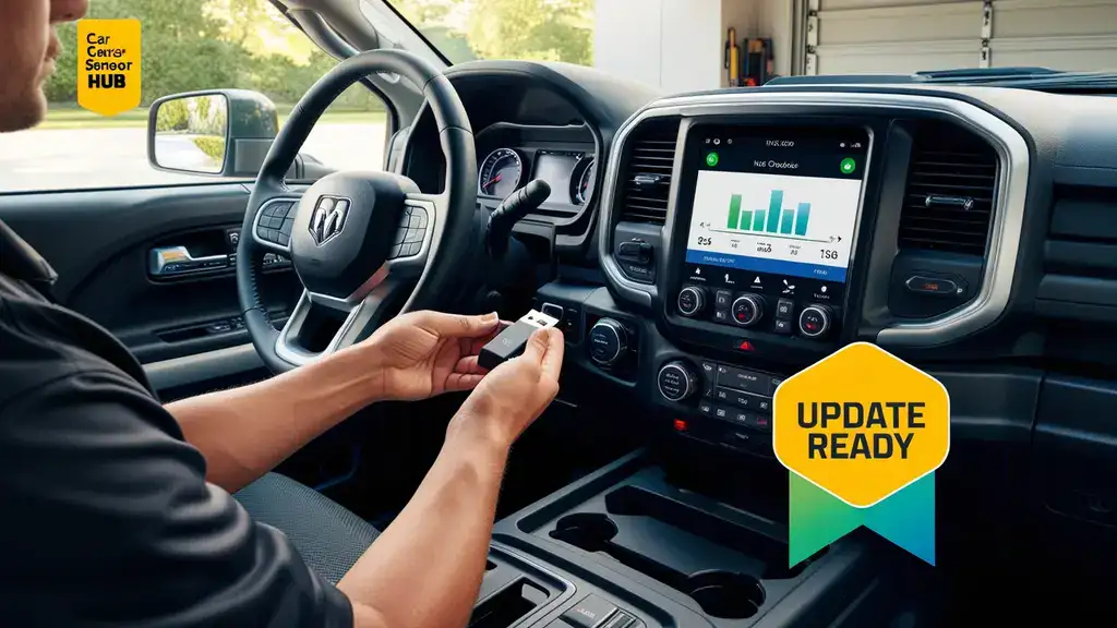 Ram 1500 in a garage with a technician updating the Uconnect system via USB, showcasing How to Update Uconnect System Ram 1500.