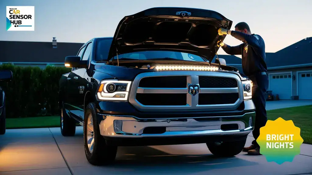 Ram 1500 in a driveway with a technician installing LED headlights, showcasing How to Upgrade Ram 1500 Headlights.