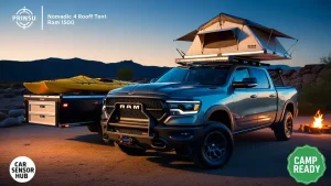 Ram 1500 at a campsite with a Nomadic 4 rooftop tent, Prinsu roof rack, and DECKED Drawer System, "Car Sensor Hub" on the left, showcasing the Ram 1500 Camper Accessories Guide.