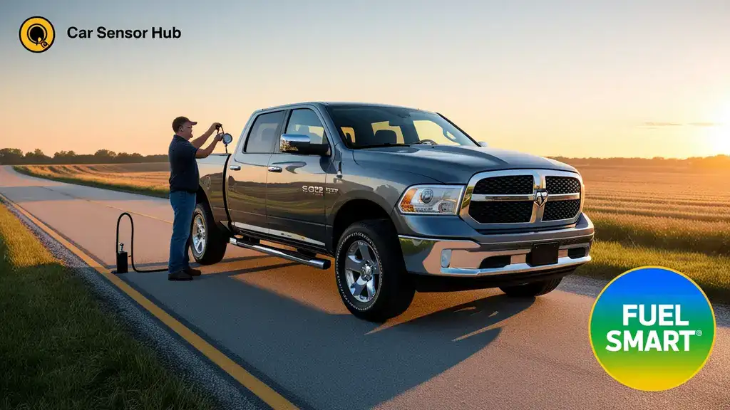 Ram 1500 on a rural road with a driver checking tire pressure, showcasing Ram 1500 Fuel Efficiency Tips.