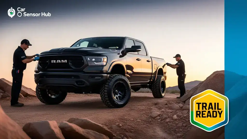 Ram 1500 on a rocky trail with a technician installing a lift kit and tires, showcasing Ram 1500 Off-Road Upgrade Ideas.