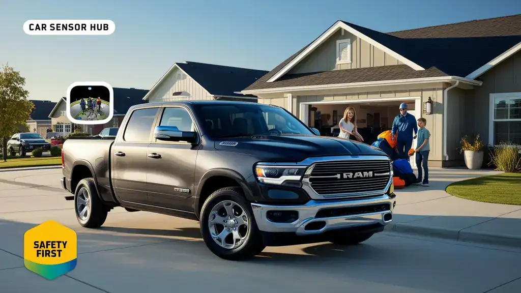 Ram 1500 Limited with a family unloading gear and a 360-degree camera view, showcasing Ram 1500 Safety Features Explained.