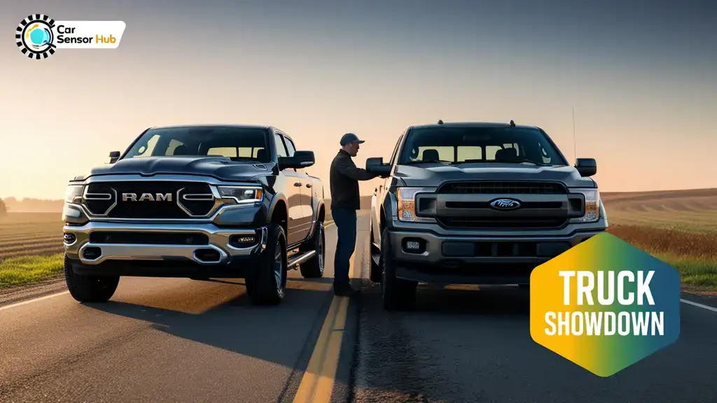 Ram 1500 and Ford F-150 side by side on a rural road, showcasing Ram 1500 vs Ford F-150 comparison.