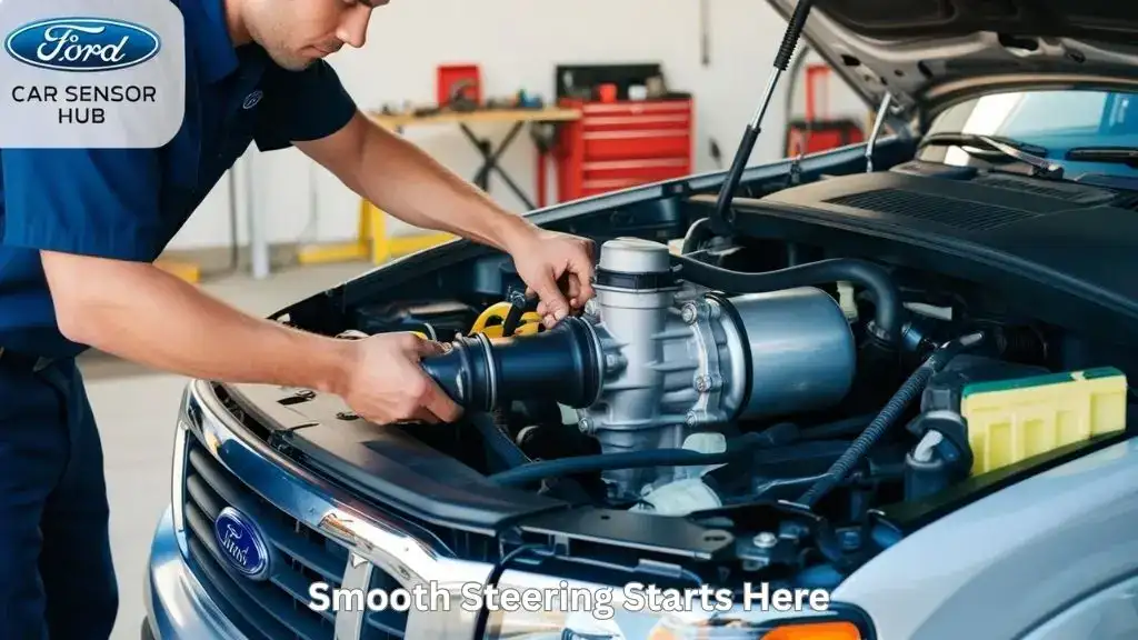 Mechanic replacing the power steering pump in a 2006 Ford F150 5.4 engine inside a garage