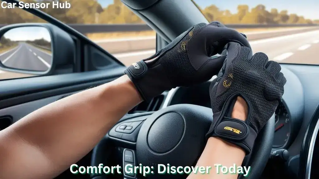 Driver wearing anti-fatigue gloves gripping the steering wheel on a highway