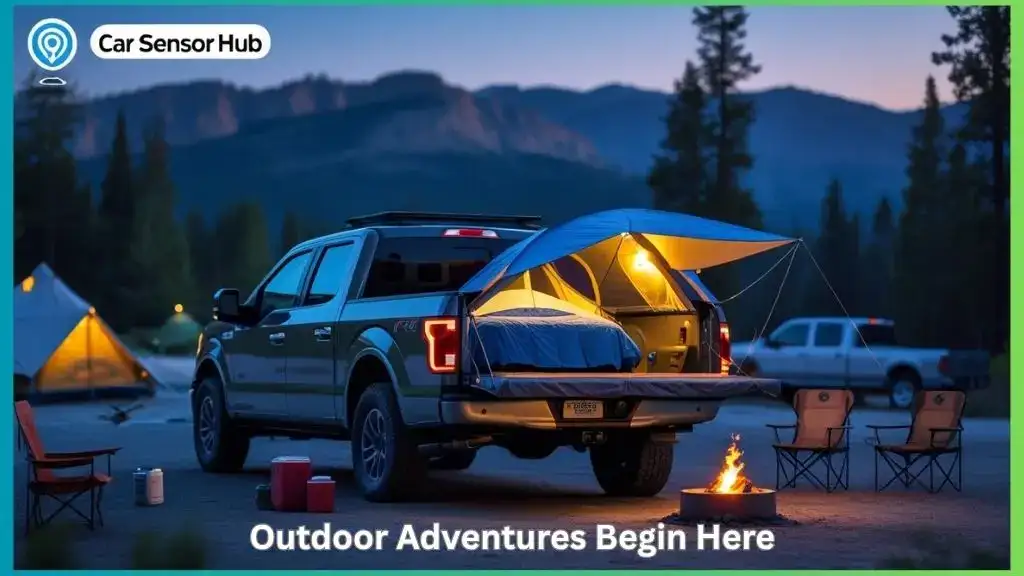 Ford F-150 parked at campsite with bed tent and camping setup