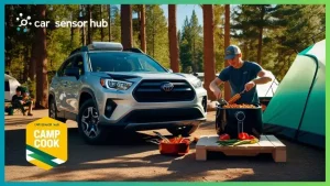 Car at campsite with camper using mini air fryer to cook vegetables, showcasing Benefits of Using a Mini Air Fryer for Car Camping.