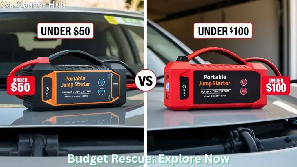 Two affordable jump starters placed on a car hood with price labels