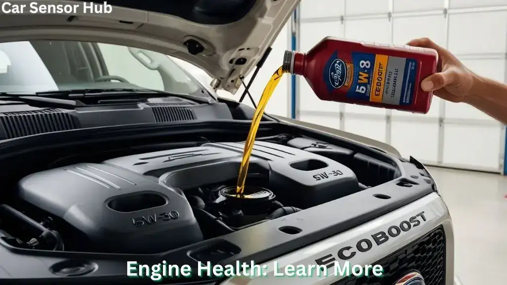 Mechanic pouring synthetic 5W-30 oil into Ford F-150 Ecoboost engine