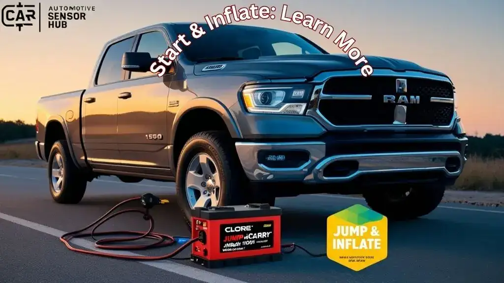 Ram 1500 on roadside with a Clore Automotive Jump-N-Carry JNCAIR 1700, showcasing Best Jump Starter With Air Compressor.