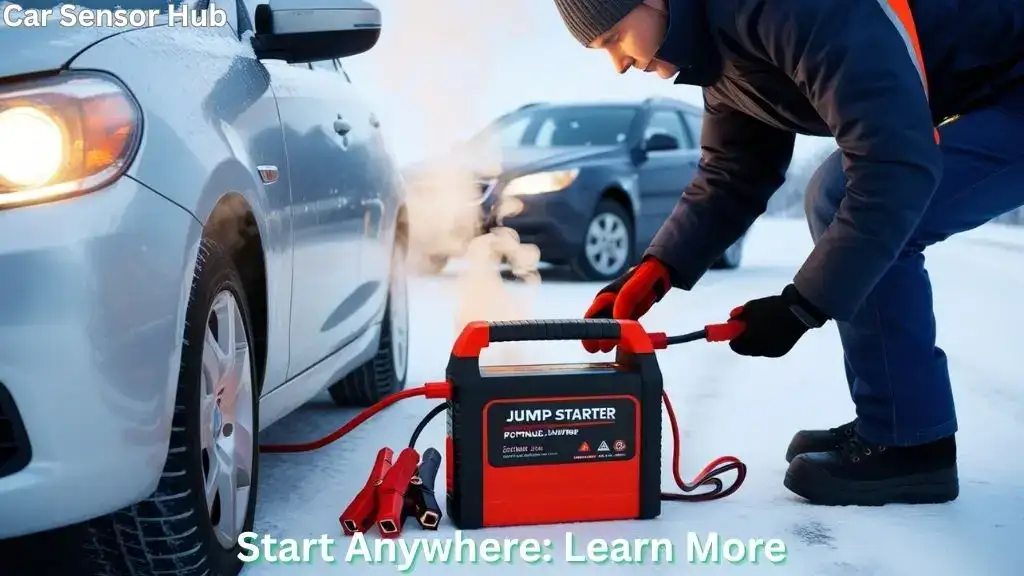 Person using a portable jump starter to revive a dead car battery in winter