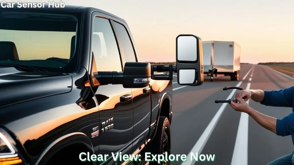 Ram 1500 with extended tow mirrors reflecting a trailer behind
