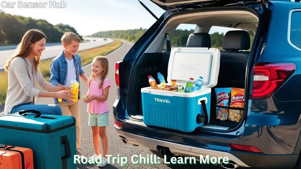 Family opening a portable cooler in SUV trunk during a road trip