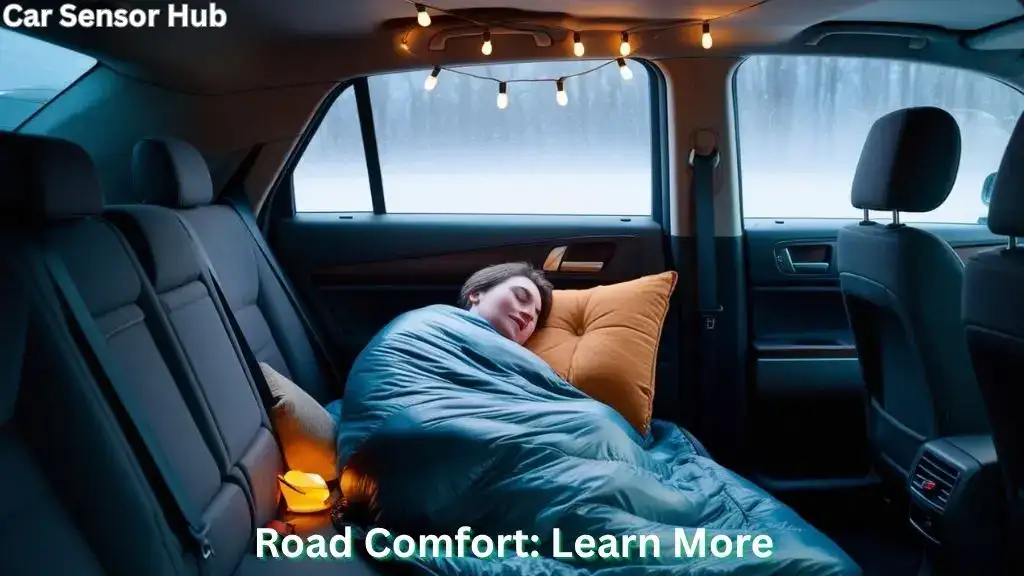 Traveler sleeping in an SUV with a cozy sleeping bag and folded seats