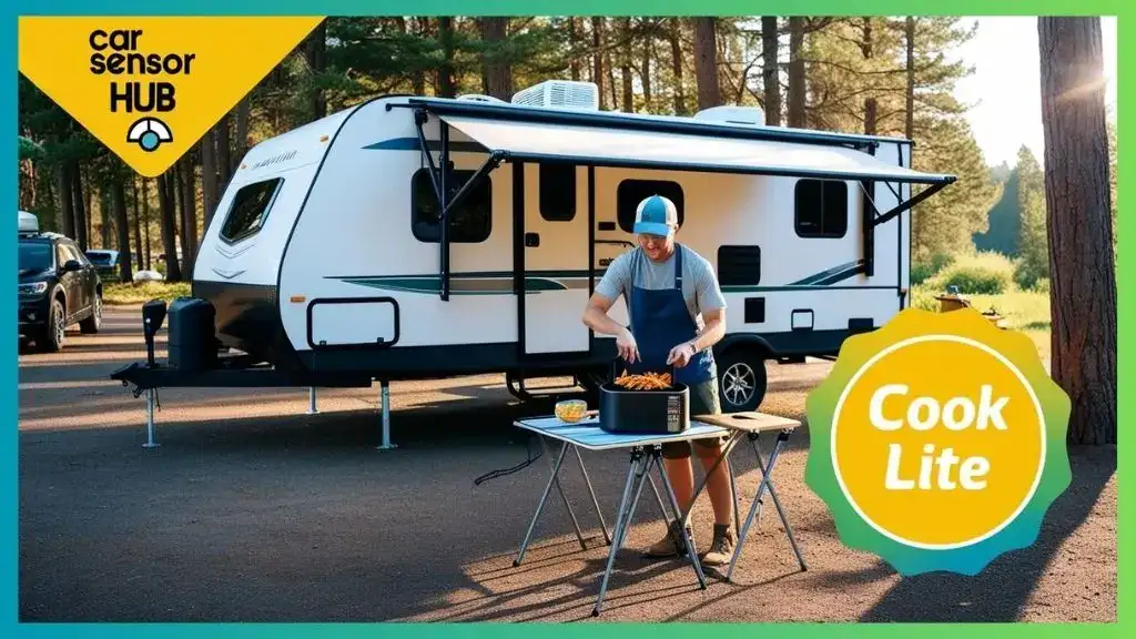 RV at campsite with camper using compact air fryer on foldable table, showcasing Compact Air Fryer for Small Kitchen or RV.