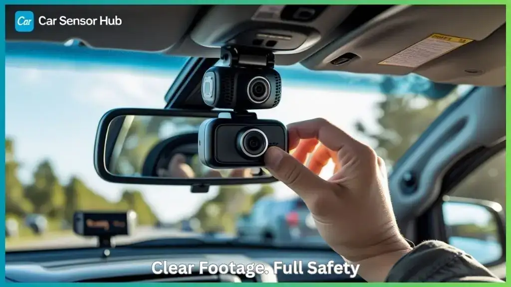 Driver adjusting dash cam on Toyota Tacoma windshield