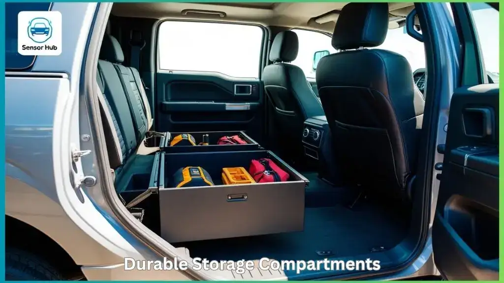 Open under seat storage compartment inside Ford F-150 truck