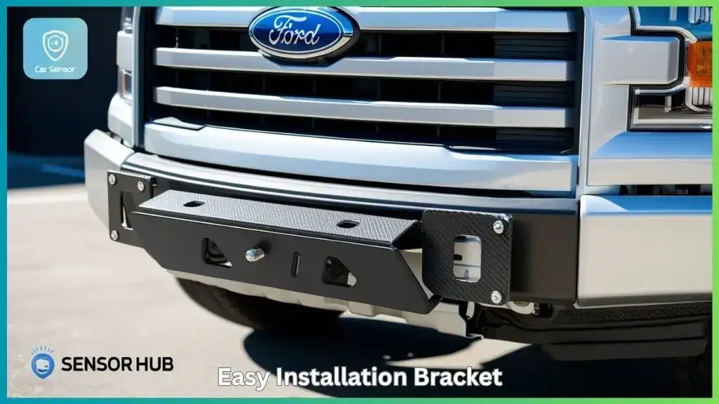 Close-up of Ford F-150 front license plate bracket installed on bumper