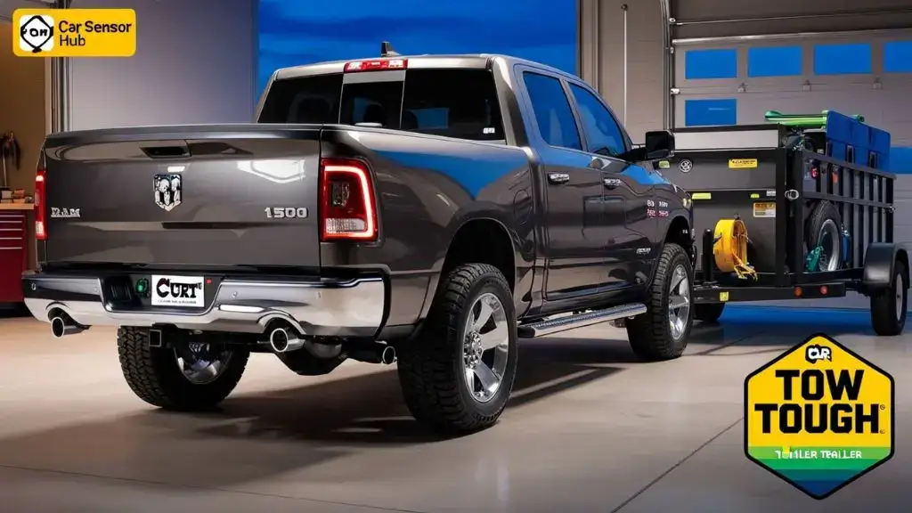 Man securing a heavy-duty trailer hitch to a Ram 1500 truck in outdoor setting