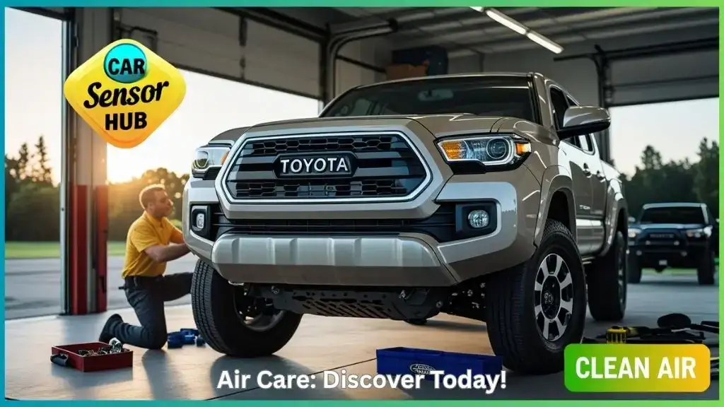 Toyota Tacoma in garage with person changing cabin air filter, showcasing How to Change Cabin Air Filter on Toyota Tacoma.